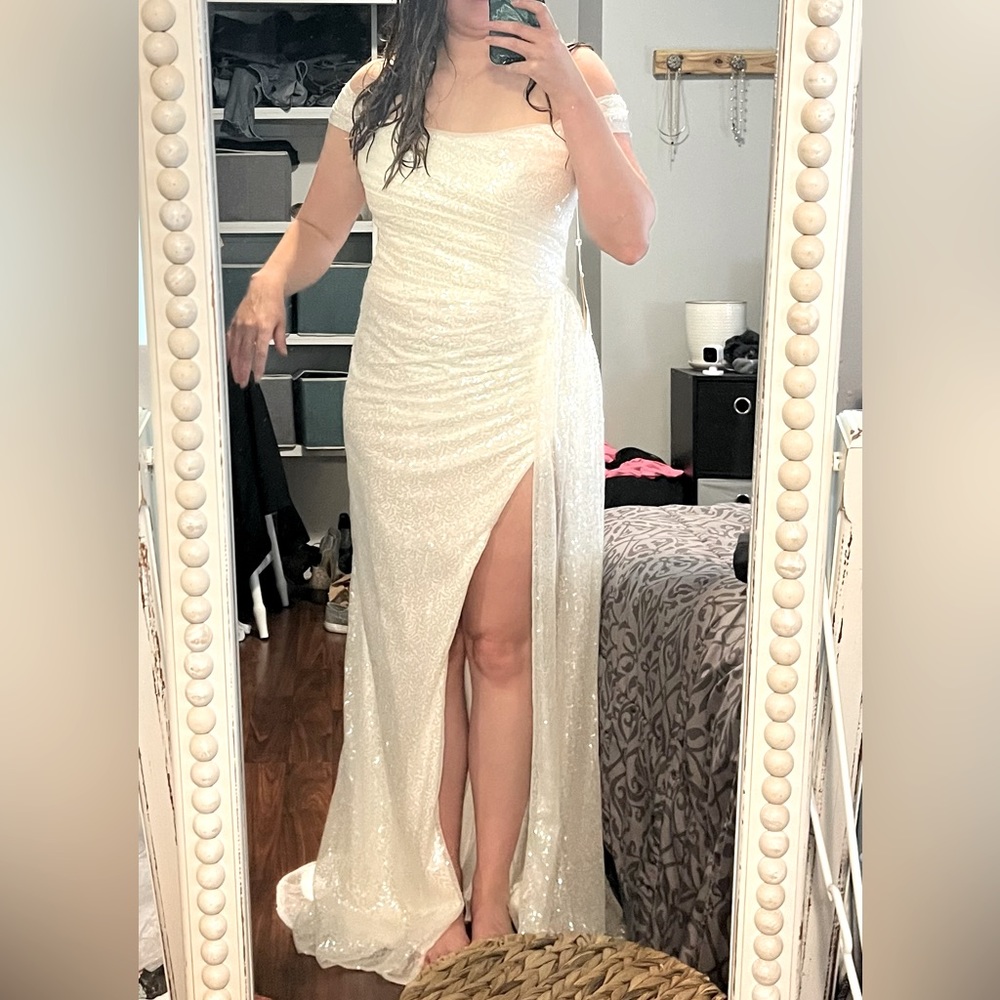 NWT LightInTheBox off the shoulder, white, sequin, floor length dress